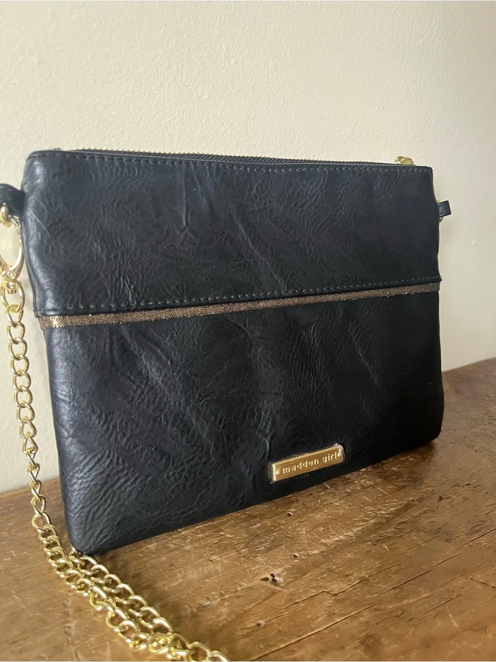 Madden Girl Black Faux-Leather Crossbody with Pearl Studs and Gold Chain
